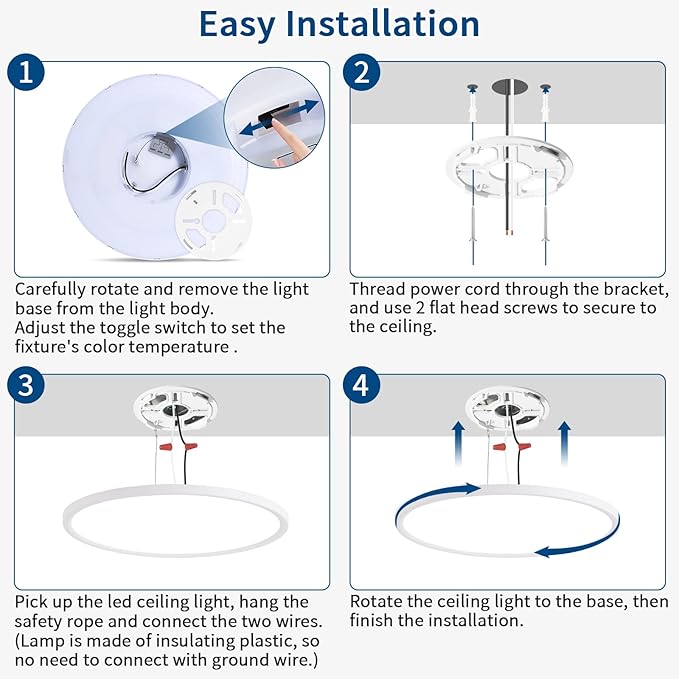 12 inch Flush Mount Led Ceiling Light Fixture, 24W 2400LM, Dimmable 3000K 4000K 6500K Adjustable, Modern White Lighting Fixtures for Bedroom, Kitchen, Home Office, Hallway, Wired