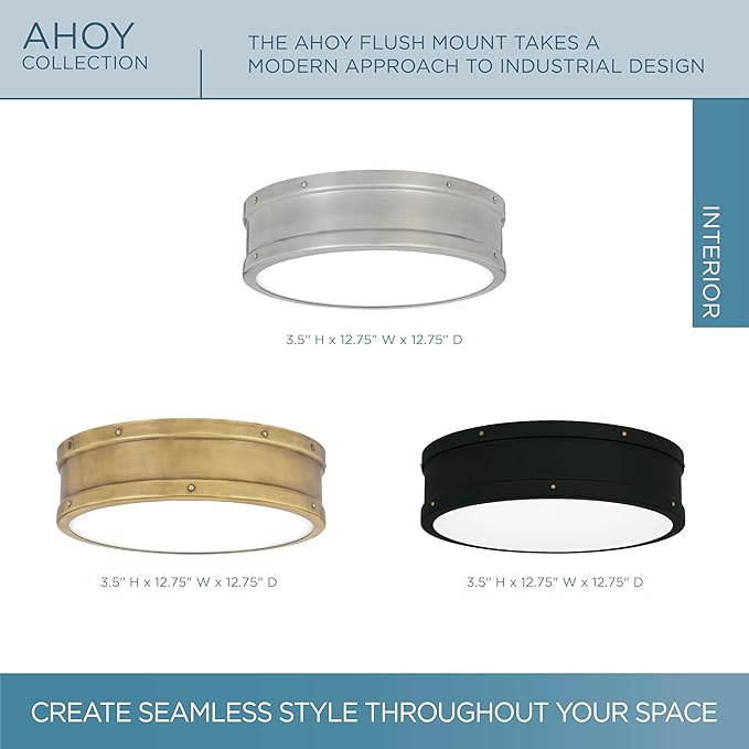 Quoizel Ahoy Round Flush Mount Ceiling Light, 13 Inch Etched Glass Drum Light with Metal Shade, 25 W LED, 1700 Lumens, Close to Ceiling Light Fixtures for Home, Kitchen or Office Lighting
