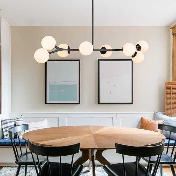 Lingkai 56" Large Black Modern Linear Chandeliers for Dining Room, Mid Century Modern Chandelier Pendant Light, 8-Light Globe Chandelier for Living Room Kitchen