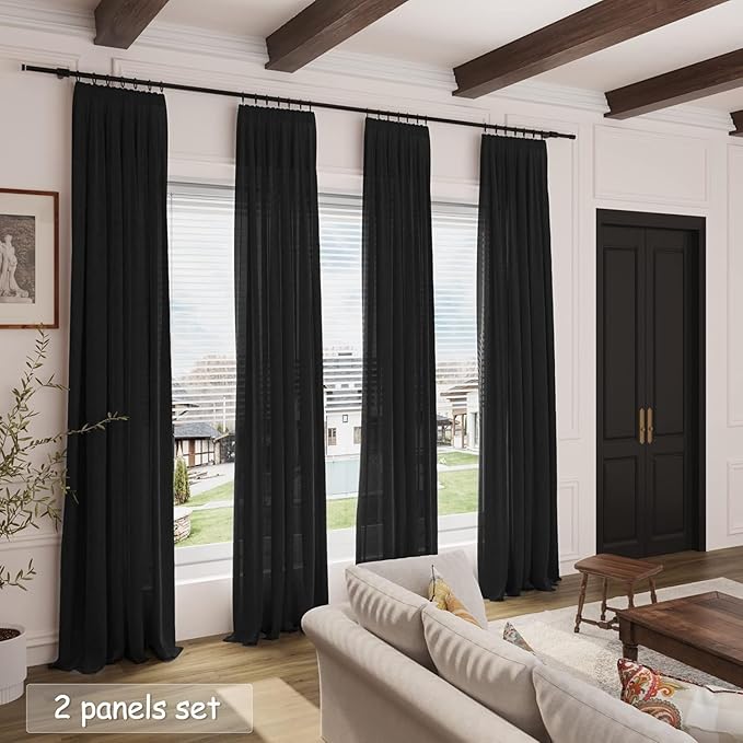 Nanspring Black 102 inch Linen Curtains for Living Room Privacy Semi Sheer Curtains Back Tab and Rod Pocket Simple Modern Linen Blend Curtain for Bedroom/Office Large Window 70x102,2 Panel