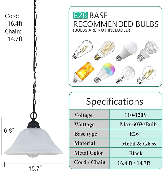 Plug in Pendant Light Alabaster Glass Shade 15.7" D Hanging Lamp with On/Off Switch,16.4Ft Cord & 14.7Ft Chain Dimmable Black Swag Light Fixture for Kitchen Sink Bar Nook