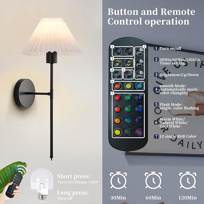 Battery Operated Wall Sconces Set of 2, Black Rechargeable Wall Lights with Pleated Shades, Dimmable Wall Lamp with Remote, Easy to Install, 15 Colors Wireless Lighting for Living Room Bedroom