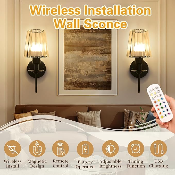 Battery Operated Wall Sconces Set of 2 – 5200mAh Rechargeable Crystal Glass, 15 Colors & 10-Level Dimmable, Wireless Wall Lights for Living Room & Bedroom,Black