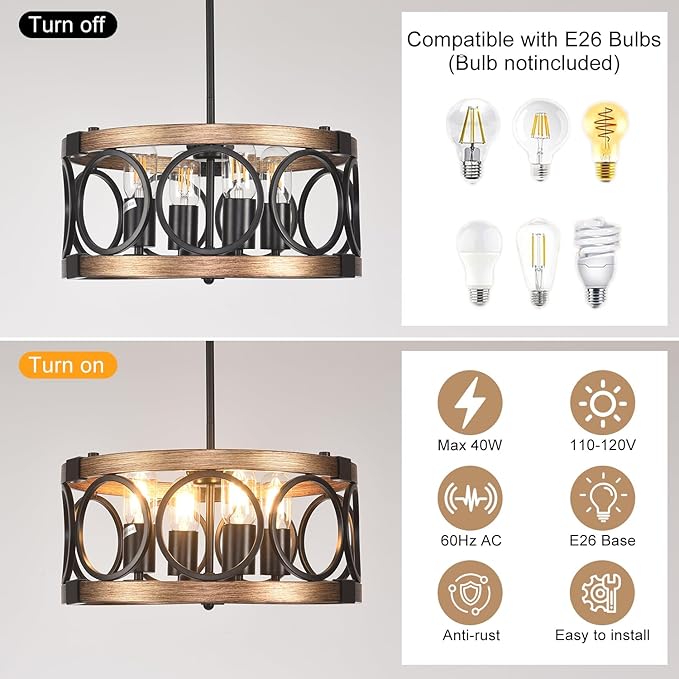 4-Light Semi Flush Mount Ceiling Light Fixture,17.71" Black Light Fixtures Ceiling Mount Kitchen Lighting Fixture Rustic Drum Chandelier Ceiling Haning Pendant Light Fixture
