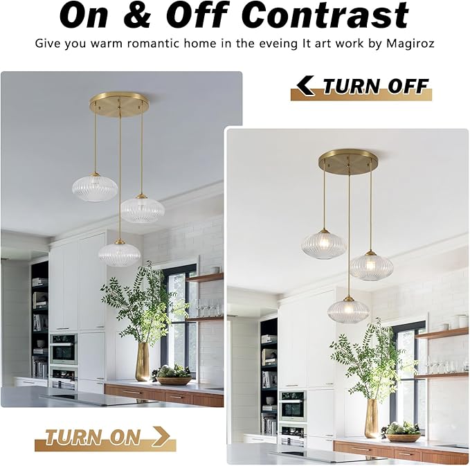 3 Light Pendant Lighting Clear Glass Cluster Pendant Lights Kitchen Island Modern Retro Adjustable Brushed Gold Hanging Light Fixtures Brass Cluster Chandelier for Bedroom Living Room MPL30-3D