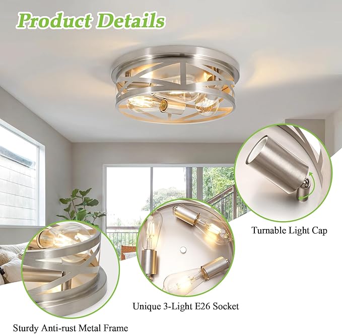 3-Light Flush Mount Ceiling Light Fixture, Farmhouse Ceiling Lights for Kitchen, Modern Black Close to Ceiling Light for Hallway Bedroom Balcony Porch Stairway, E26 (Silver, 1 Pack)