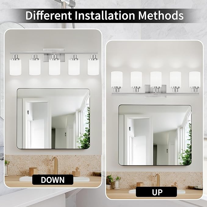 5-Light Bathroom Light Fixtures, 30" Nickel Bathroom Vanity Light with Milky White Glass Shade, Modern Bathroom Wall Lights Over Mirror, Farmhouse Wall Sconces Lighting for Bedroom Living Room