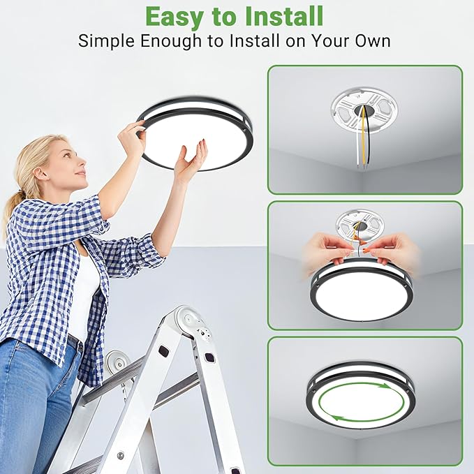 zemty 2Pack 10Inch Black LED Flush Mount Ceiling Lights, Dimmable 3000K-6500K Adjustable, 15W Damp-Rated Light Fixture for Hallway, Kitchen, Bathroom, Closet, Laundry