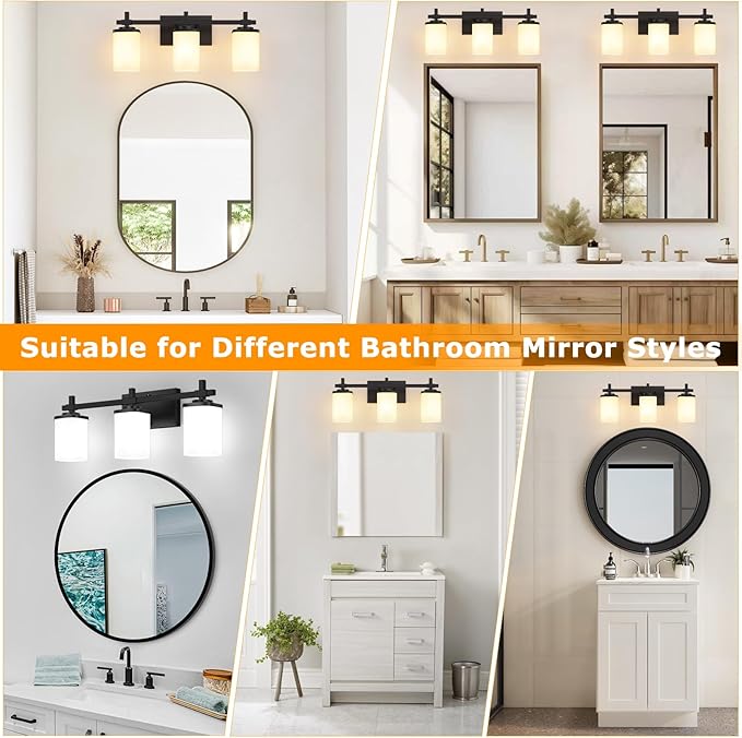3-Lights Black Vanity Lights for Bathroom with White Square Frosted Glass Shades, Modern Eye-Friendly Bathroom Light Fixtures Over Mirror, Bath Wall Lighting for Bedroom Living Room Cabinet