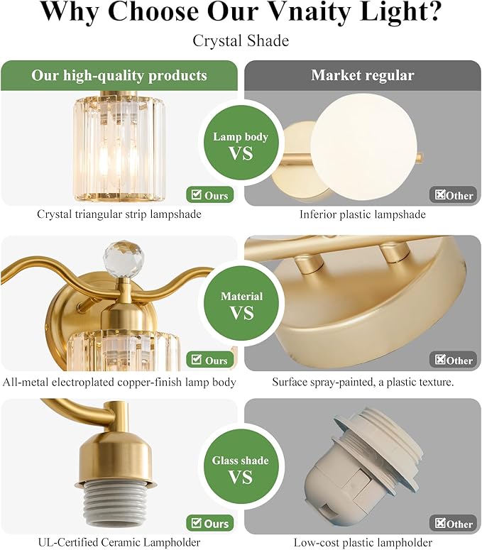 Modern Crystal Bathroom Vanity Light, 4-Lights Bathroom Light Fixtures, Brass Gold Vanity Lighting Fixtures Over Mirror, Brushed Wall Sconce Light for Bedroom, Kitchen, Living Room, Gallery, E26 Base