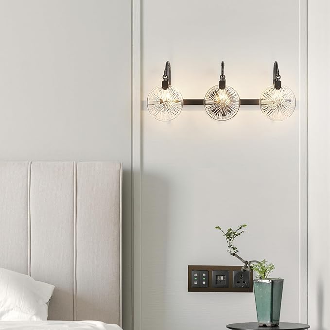 WUZUPS 3-Light Bathroom Light Fixture Over Mirror Morden Vanity Wall Sconces Clear Glass Shade for Bedroom Living Room, E12 Base, Black