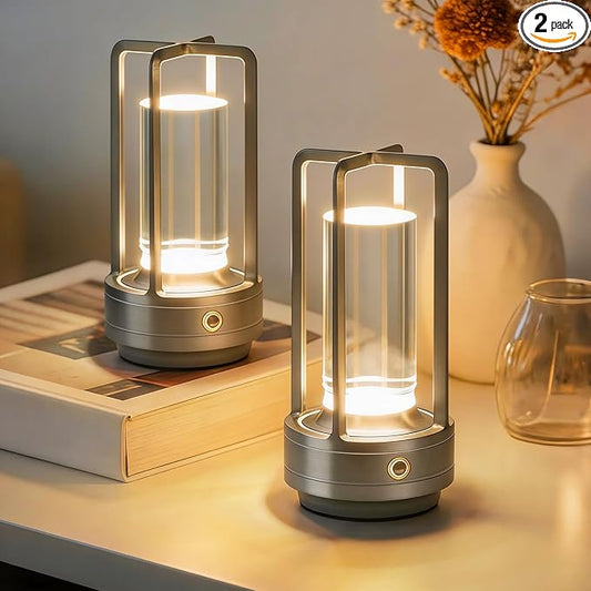 Rechargeable Table Lamp Cordless, 3 Color | Crystal | Stepless Dimming, for Bedroom, Cafe, Camping, Dining Table, Home Decor, 2 Pack (Silver)