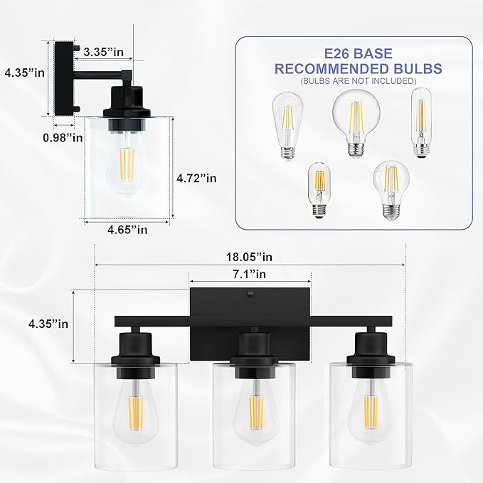 Black Bathroom Lights Over Mirror, Anti-Rust 3-Light Vanity Lighting Fixture for Bathroom, Modern 18Inches Wall Sconce Light for Living Room, Standard E26 Base, Clear Glass Shades, Bulbs Not Included
