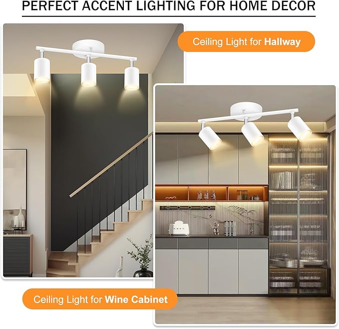 White Track Lighting, 3 Light Track Lighting Kit, White 3 Way Modern Ceiling Spotlight, Flexibly Rotatable Light Head, Industrial LED Track Light Kit for Kitchen Cabinet Gallery Bar Living Room