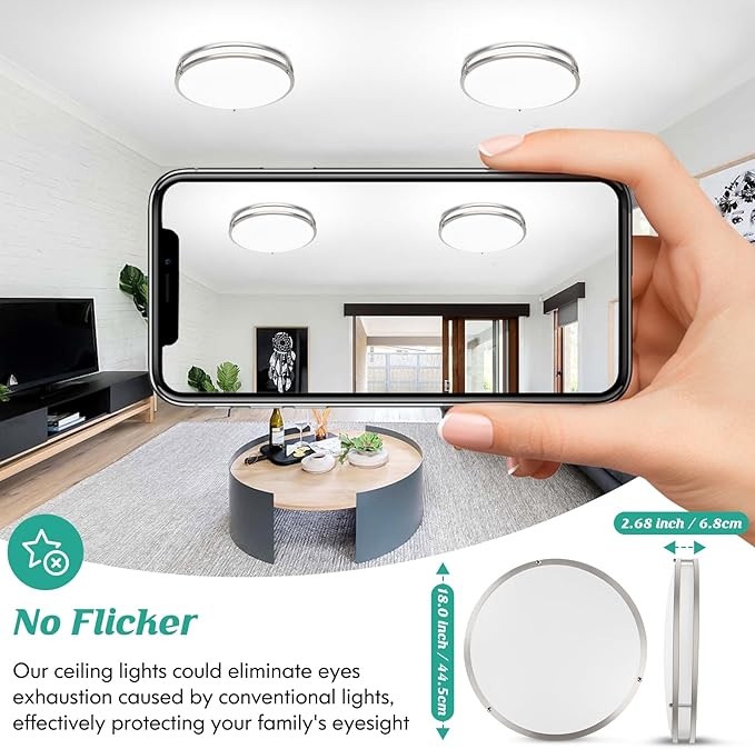 LED Flush Mount Ceiling Light Fixture, Dimmable 5CCT Selectable 2700K Warm White-6500K Super Bright Daylight White, 18 Inch 50W 6000LM Round Brushed Nickle Ceiling Lamps for Living Room Kitchen, 1PACK