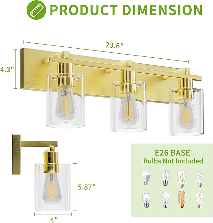Espird Bathroom Vanity Light, 3 Light Gold Light Fixture with Thickened Clear Glass Shade, 21 inch Modern Wall Sconce,Vanity Light Over Mirror for Bathroom