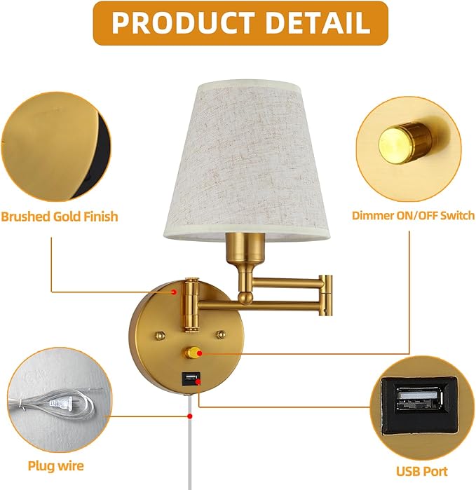 Bedside Wall Mount Light with Dimmable Switch and USB Port, Gold Swing Arm Fabric Shade Wall Sconce Light with Plug in Cord, Wall Lamp Perfect for Bedroom, Living Room and Hotel