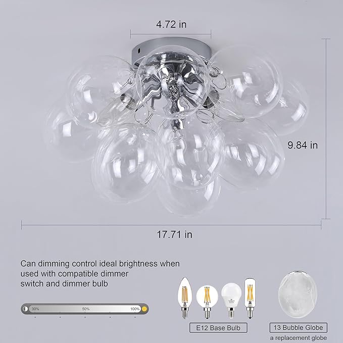 GoYeel Ceiling Light Chandelier Modern Kitchen Lights Ceiling Flush Mount Glass Bubble Chandelier Lighting 3 Light Entryway Light Fixture 17.72in 13 Globe for Bedroom Foyer Living Room