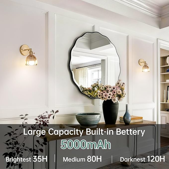 Shenmoyl Vintage Battery Operated Wall Sconce with Amber Tulip Glass Lampshade 5000 mAh Rechargeable Battery Powered Wall Light with Remote Control for Bedside Bedroom Doorway, Set of 2