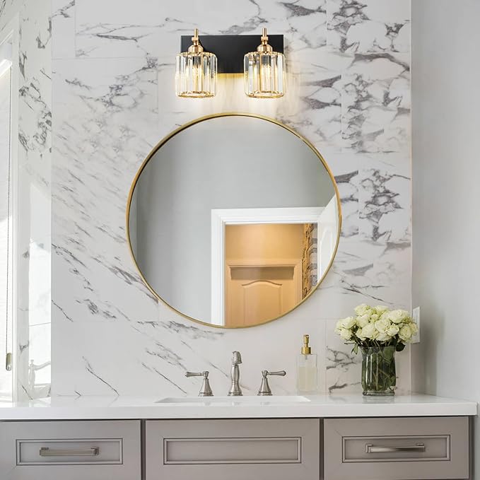2-Light Crystal Bathroom Vanity Lights, Black Gold Modern Bathroom Light Fixtures Over Mirror Crystal Wall Lighting with Polished Gold Finish