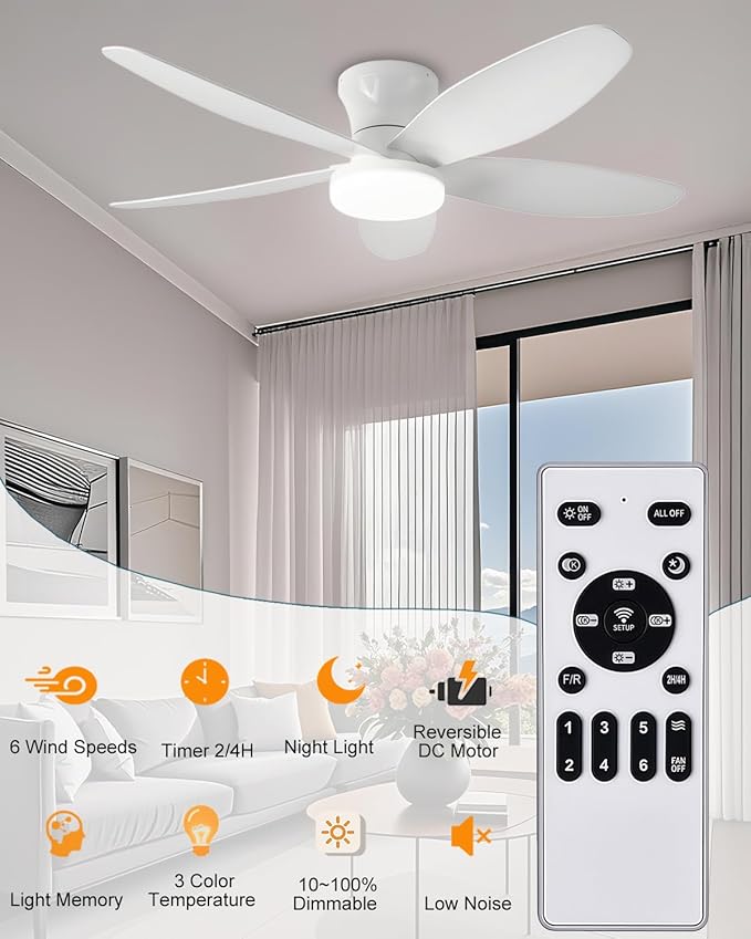 42" Low Profile Flush Mount Ceiling Fan with Lights & Remote, Dimmable 3-Color LED, 6 speed wind, Reversible DC Motor,Timer, Memory Function - Quiet Bedroom & Patio Fan for Indoor/Outdoor Use (White)