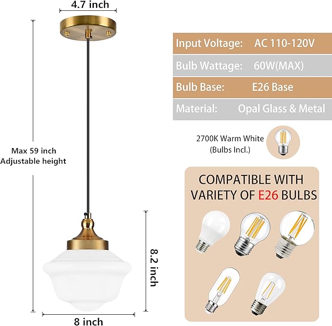 Bagood 2 Pack 8" Gold Schoolhouse Light Fixture Milk Glass Pendant Light Schoolhouse Pendant Light Milk Glass Light Fixture Mid Century Modern Light Fixture for Bedroom Bathroom Kitchen (Bulb Incl.)
