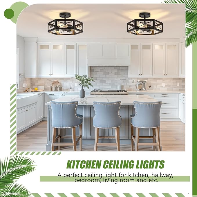 3-Light Kitchen Lighting Fixtures Ceiling Mount, Black Semi Flush Mount Ceiling Light for Dining Room Light Fixture, Farmhouse Close to Ceiling Lights with Hexagon Cage for Bedroom Hallway