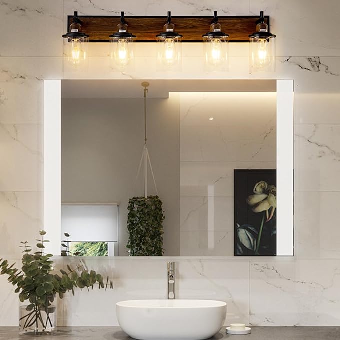 Lanhall 5-Light Farmhouse Bathroom Light Fixtures Vintage Bathroom Vanity Lights Over Mirror Black and Wood Painted Metal Vanity Light for Bathroom with Glass Shades E26 Socket