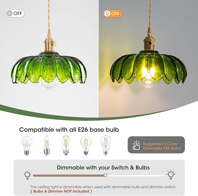 Glass Pendant Light Vintage Light Fixtures, Glass Pendant Lights Kitchen Island, Adjustable Hanging Light for Kitchen Island Dining Room Hallway (Hardwired gree)