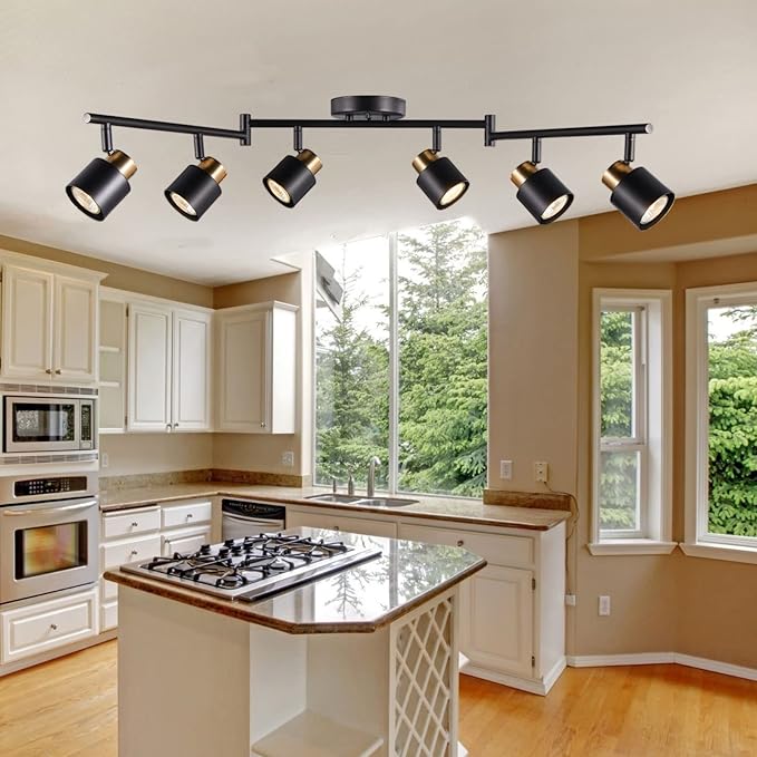 6 Light Foldable Track Lighting Kit, Matt Black Brass Finish Adjustable with Moden Flush Mount Ceiling Spotlight for Kitchen,Dining,Living Room,Home Improvement