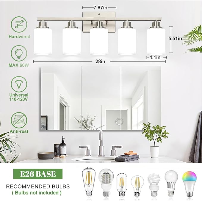 MOKATNG 5-Light Vanity Light with Milky White Shades, Brushed Nickle Bathroom Lighting Fixtures Over Mirror, Modern Bathroom Wall Lamp for Mirror Living Room Cabinet Bedroom