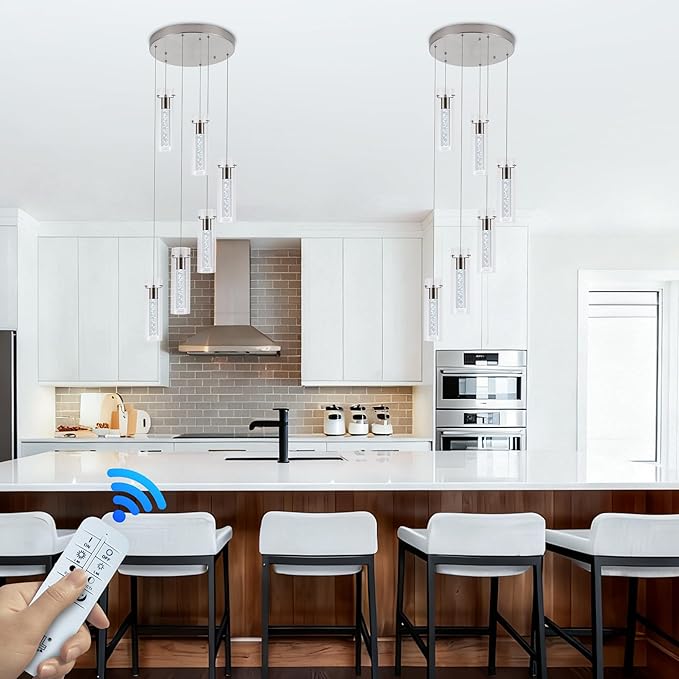 Pendant Lights Kitchen Island Brushed Nickel, Dimmable LED Pendant Light Fixtures with Remote, Modern Kitchen Pendant Lighting Over Island for Dining Room & Bar Counter 3000K-6000K