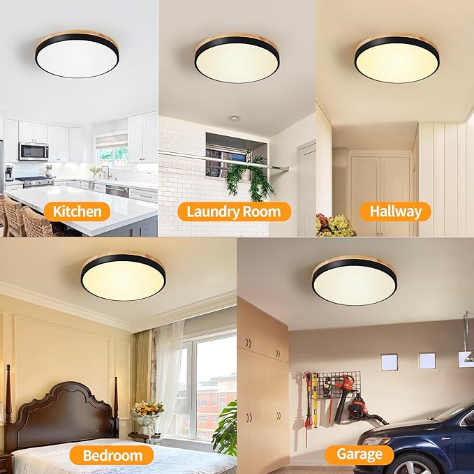 12 Inch Wood LED Flush Mount Ceiling Light Fixtures 5CCT 2700-5000K 24W Dimmable | Overhead Light | Round | Black | Ceiling Lamp | Bathroom | Bedroom | Kitchen | Hallway | Laundry Room