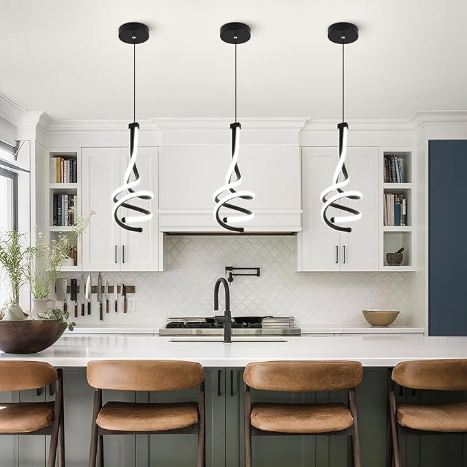 EIDISUNY Modern Pendant Light, Spiral LED Pendant Light Fixture, 4500K LED Hanging Lamp, Black Chandelier Lights Fixture, 20W Adjustable for Kitchen Island, Dining Room, Bedroom,3 Pack
