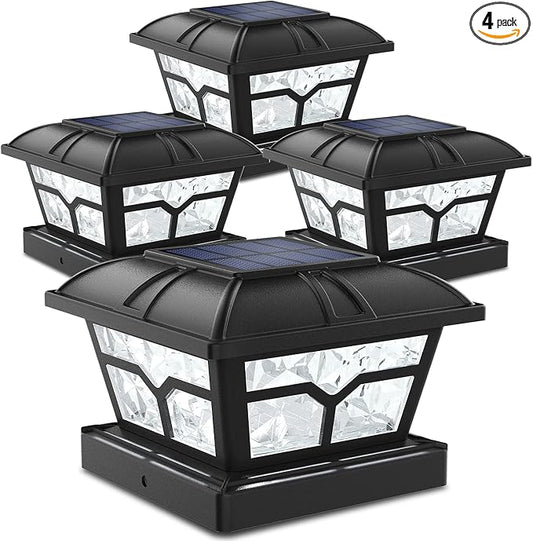 SIEDiNLAR Solar Post Cap Lights Outdoor 2 Color Modes 8 LEDs for 4x4 5x5 6x6 Posts Fence Patio Deck Decoration Warm White & Cool White Lighting Black (4 Pack)