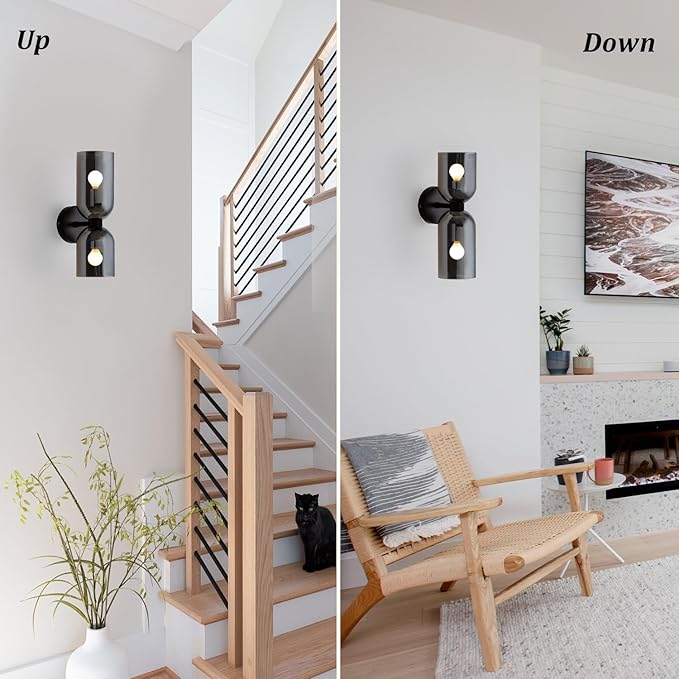 Modern Glass Wall Sconces- Double Head Wall Lighting with Long Short Glass Shades- Bathroom Vanity Light Mid-Century Up Down Hardwired Wall Lamp Indoor for Bedroom Hallway Living (Black-Gray)