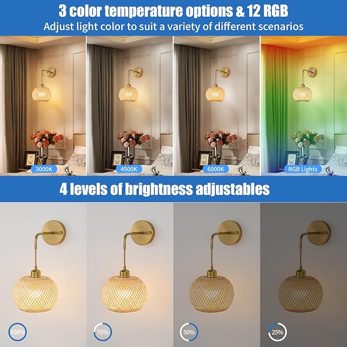 Vitnucrol Battery Operated Wall Sconces Set of 2 with Remote, Rechargeable Boho Rattan Battery Powered Wall Lights/Lamps, Wireless Lighting Fixtures for Bedroom Farmhouse, 15 Colors Dimmable, Gold