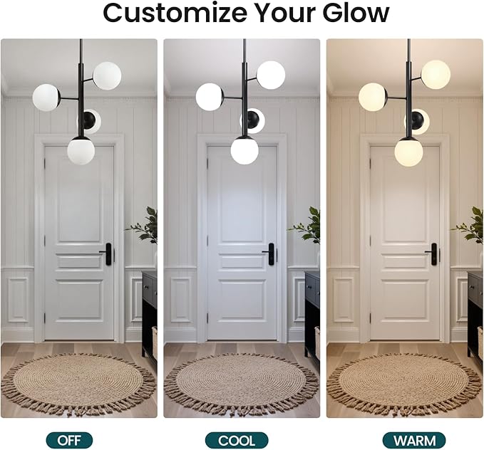 Modern Sputnik Chandelier Ceiling Light Fixture, 4-Light Semi Flush Mount Black Matte Chandelier with Globe Milky Frosted Glass Shade Adjustable Dining Room Sputnik Ceiling Light for Kitchen, Hallway