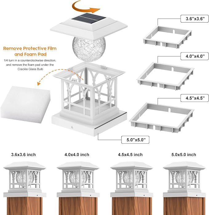 Fence Post Solar Lights, Crackle Glass Solar Post Cap Lights, 20 Lumens, Warm White & RGB Automatic Cycling 2 Modes for 3.6x3.6 4x4 4.5x4.5 5x5 Vinyl Wooden Posts Decoration, White (1 Pack)