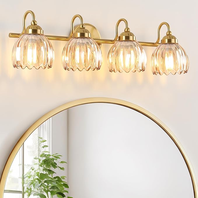 Vintage Bathroom Light Fixtures, Brass Vanity Lights with Amber Tulip Glass Shade, Vanity Sconces for Bathroom Bedroom Living Room Hallway, 4-Light