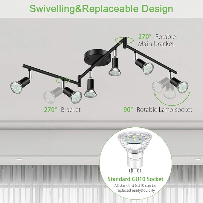 Unicozin LED 6 Light Track Lighting Kit, 46.5'' Black 6 Way Ceiling Spot Lighting, Flexibly Rotatable Head, Track Light Included 6 x LED GU10 Bulb (4W, Daylight White 5000K, 400LM)