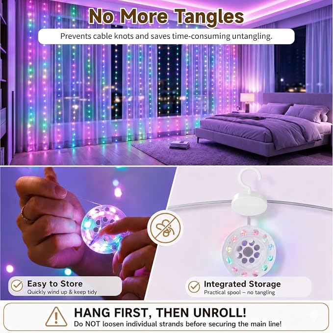 HXWEIYE 300LED Untangled Curtain Lights, 9.8x9.8Ft USB Fairy Twinkle String Lights with Remote and DIY Timer, 8 Modes Window Wall Hanging Light for Bedroom Dorm Backdrop Room Decor, Multicolor