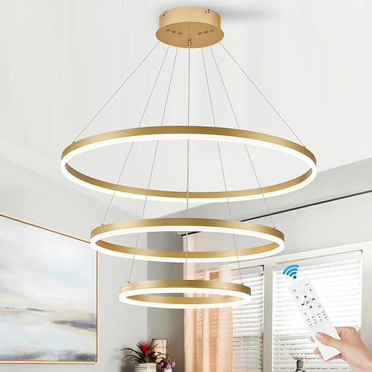 Benkut D31.5 Modern LED Chandelier Gold Dimmable 3 Ring Pendant Light for Dining Room, Kitchen Chandelier Circular with Remote Control Flush Mount High Ceiling Light for Living Room, 3000K-6500K