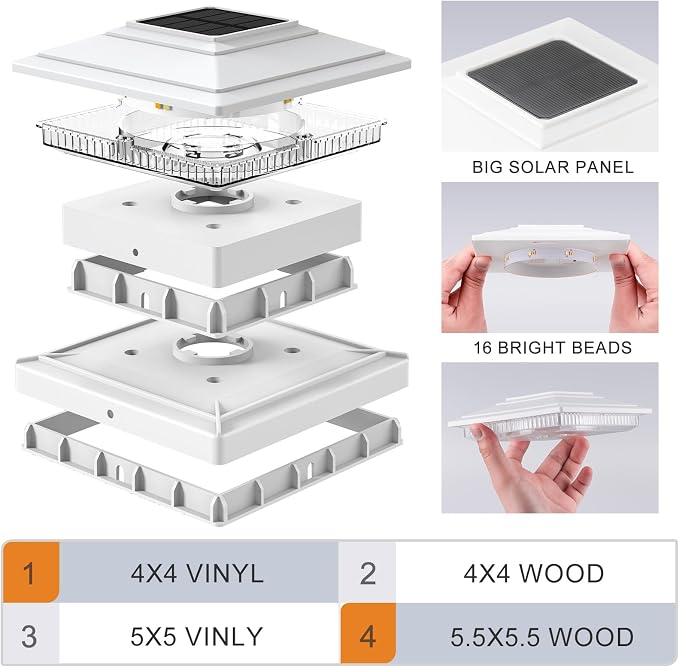 APONUO Solar Post Cap Lights 16-Pack, White IP64 Waterproof 16 LED Fence Post Solar Lights for 4x4 5x5 6x6 Wood/Vinyl Posts, 2-Mode Deck Post Lights Solar Powered, 10-Hr Lighting for Patio Yard Porch