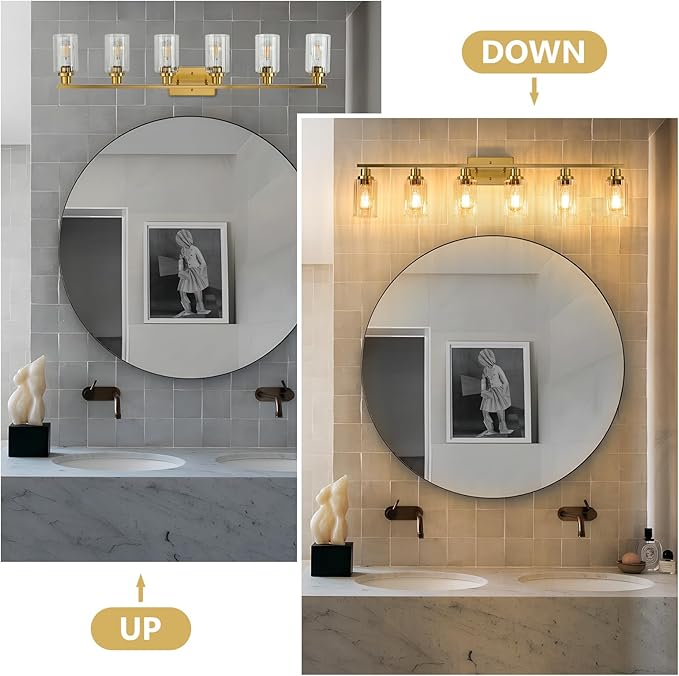Jonsi Brushed Gold Bathroom Light Fixtures, 6-Light Brushed Gold Vanity Light, Bathroom Vanity Light with Stripe Glass Shade, E26 Wall Sconces Over Mirror for Bathroom, Living Room, Hallway