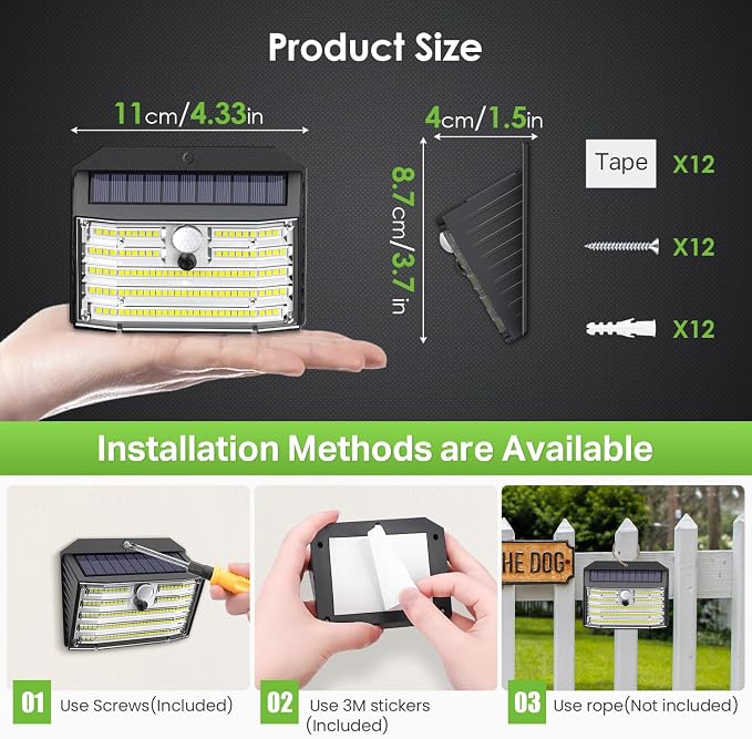 [12 Packs] Solar Motion Lights Outdoor, Ultra Bright Solar Fence Lights with Motion Sensor, IP65 Waterproof Security Light 3 Modes, 270° Lighting Angle, Wall Lights for Deck Patio Fence Garage Door