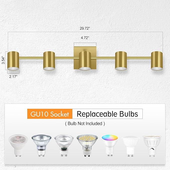 5 Light Track Lighting Fixtures Ceiling, Gold Kichen Track Lighting, Rotatable Light Heads, Adjustable Modern LED Track Lights for Kitchen/Living Room/Hallway/Bar,GU10 Bulb Not Included