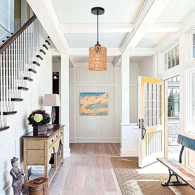 Rattan Pendant Lights Kitchen Island, 3 Pack Farmhouse Chandelier Lighting with Hand Woven Wicker Shade, Boho Pendant Light Fixtures Ceiling Hanging for Dining Room Bedroom Foyer Hallway