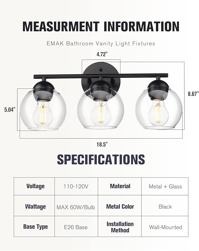 Emak 3-Light Vanity Lights for Bathroom, Black Light Fixtures Over Mirror, Globe Vanity Light with Clear Glass Shade, VL114-BKL-3