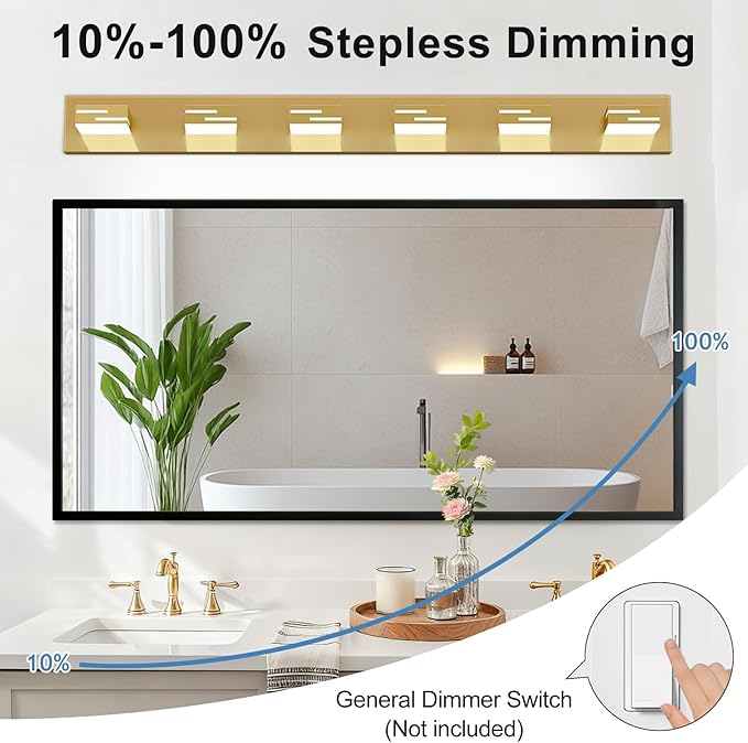LED Modern Bathroom Vanity Light Fixtures, 6-Light 40-inch Dimmable Gold Vanity Lights for Bathroom Lighting Fixtures Over Mirror, with 360° Rotatable Heads (Cool White 6000K)